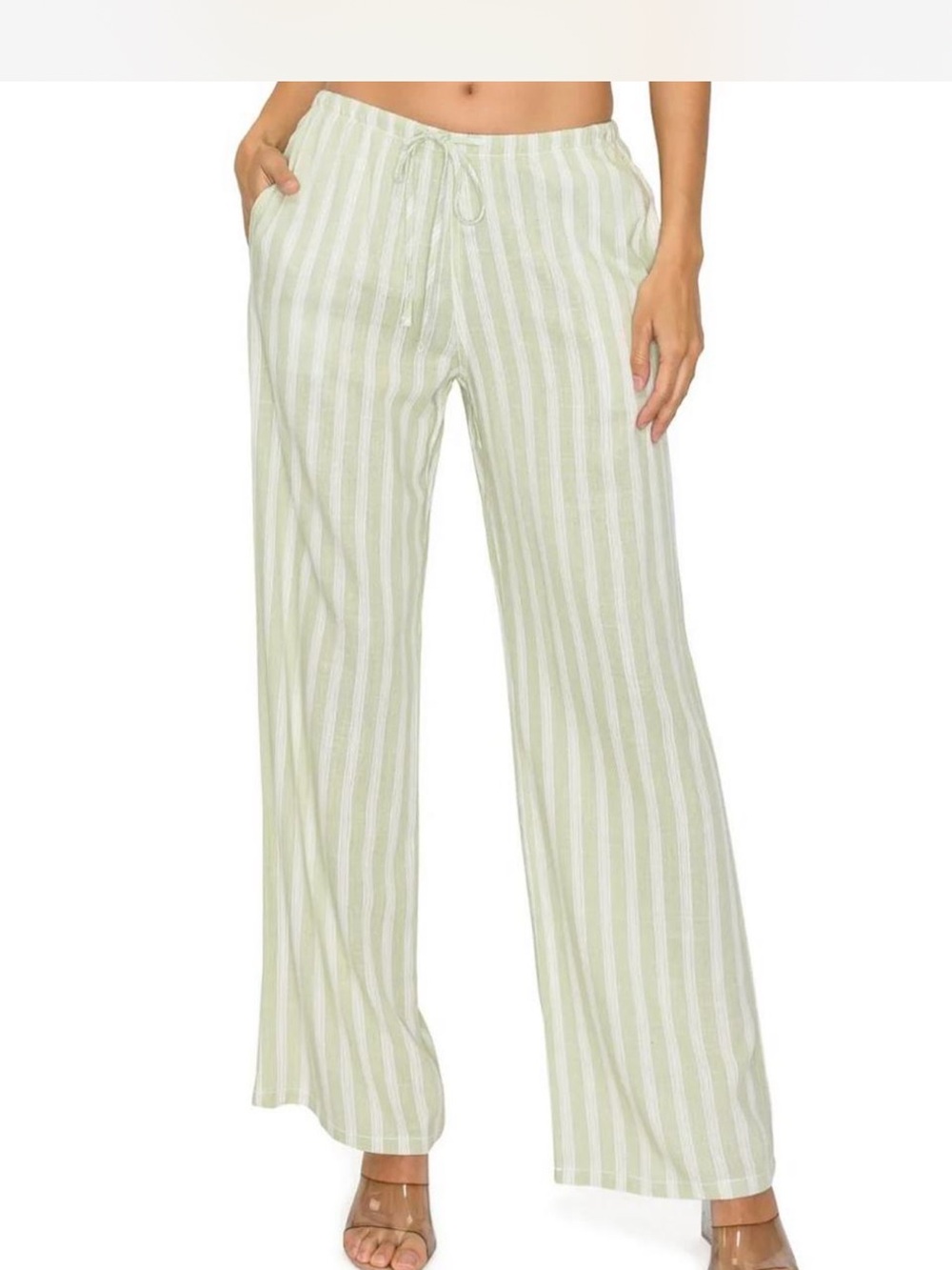 Striped Wide-Leg Drawstring Pants - Light Sage & White